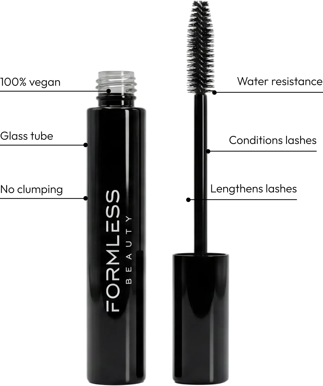 Elevate mascara tube and wand with feature callouts